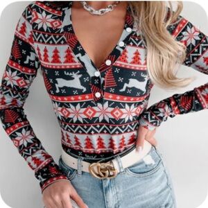 Nanamacs Holiday Bodysuit Size Large Black Red Gray Long Sleeve Henley Stretch